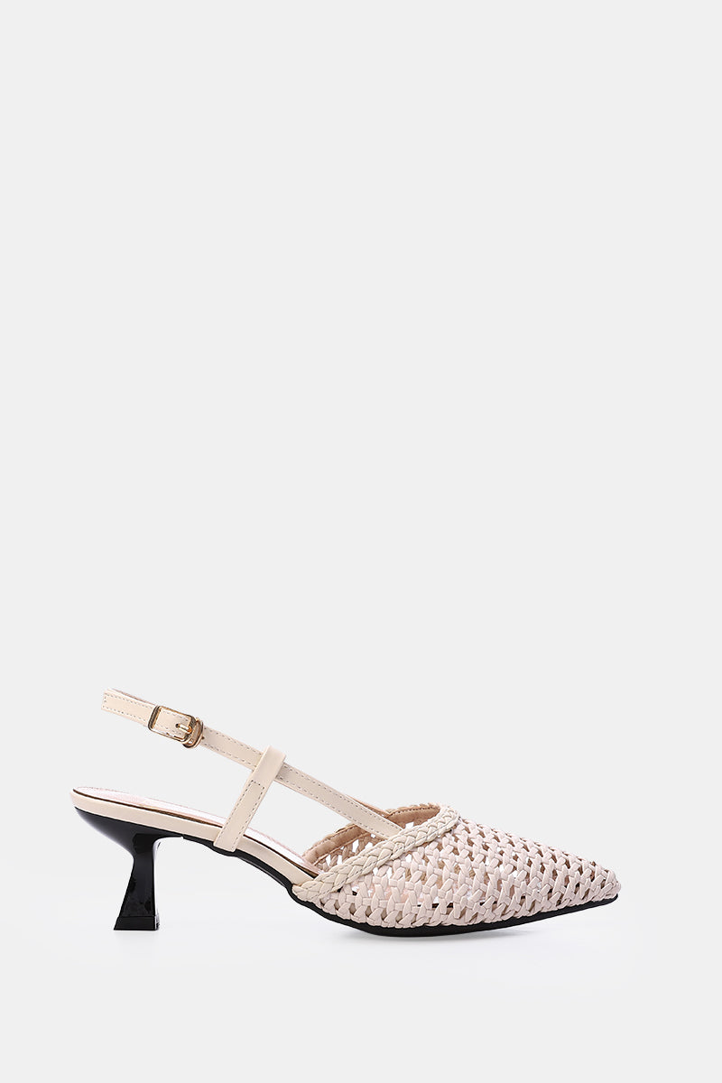 BEIGE WOVEN SLINGBACK PUMPS