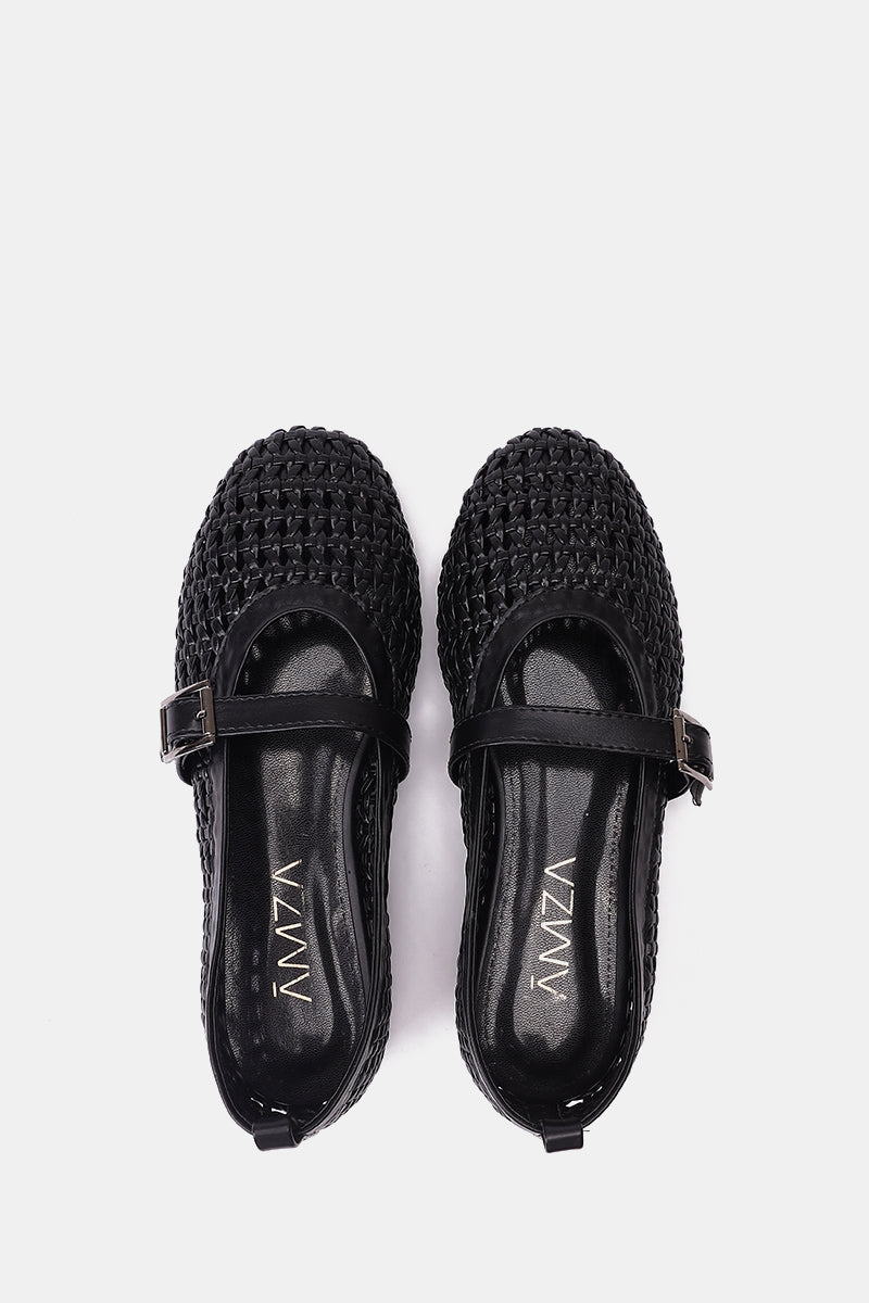BLACK BUCKLE BRAIDED WOVEN FLAT