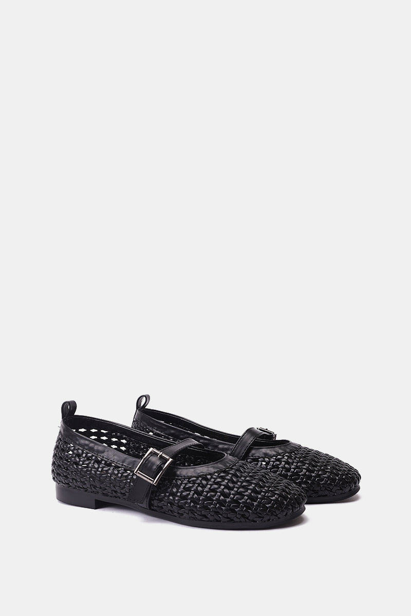 BLACK BUCKLE BRAIDED WOVEN FLAT