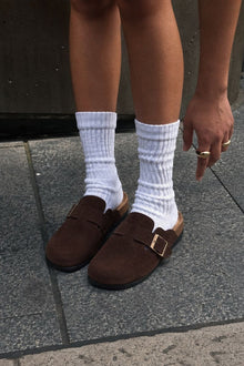 BROWN SUEDE CLOGS