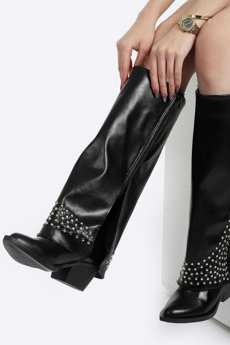 BLACK LEATHER STUDDED OVERLAY BOOTS