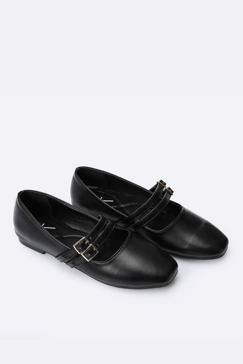 BLACK DOUBLE BUCKLE BALLERINA