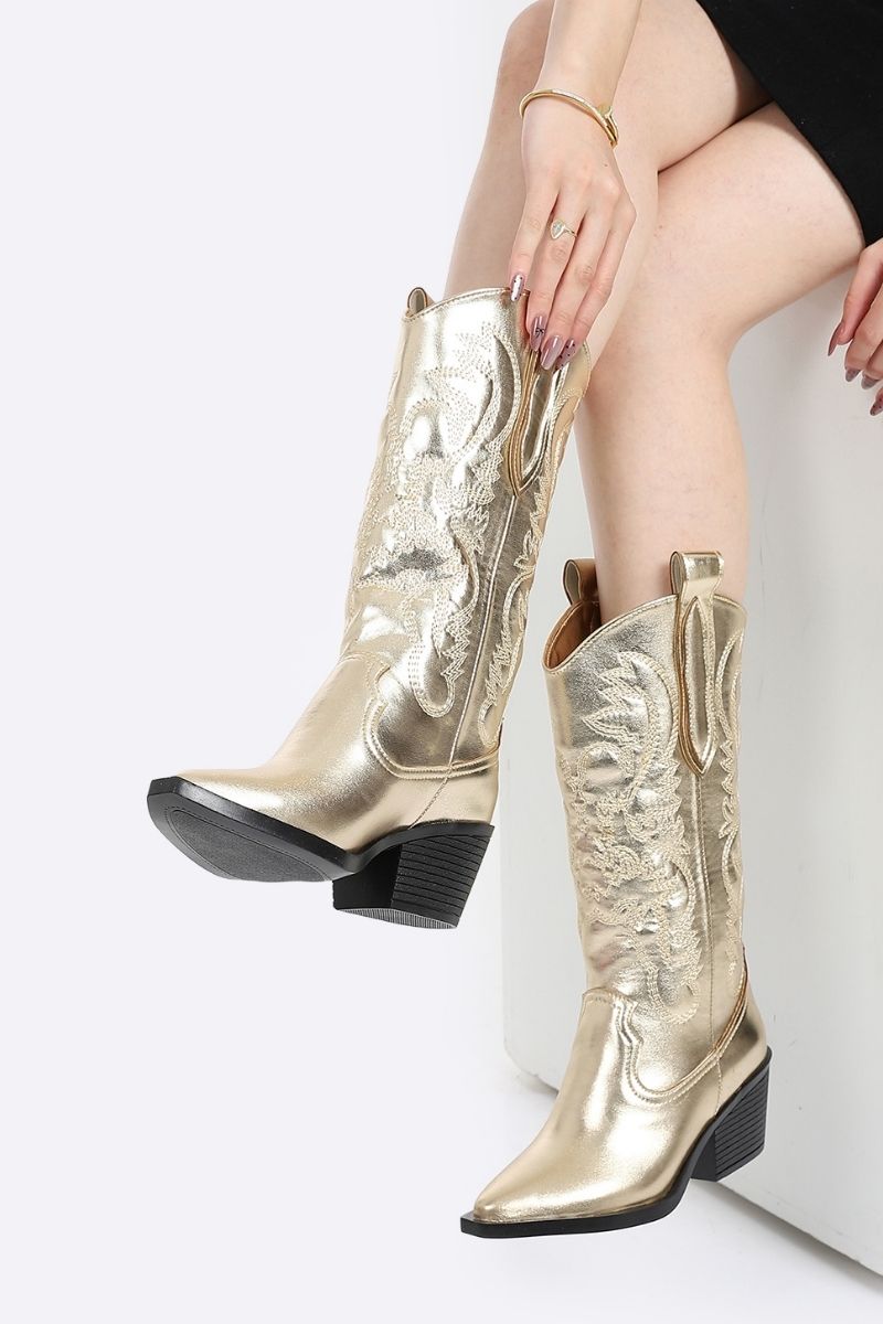 EMBROIDERED METALLIC GOLD COWBOY BOOTS