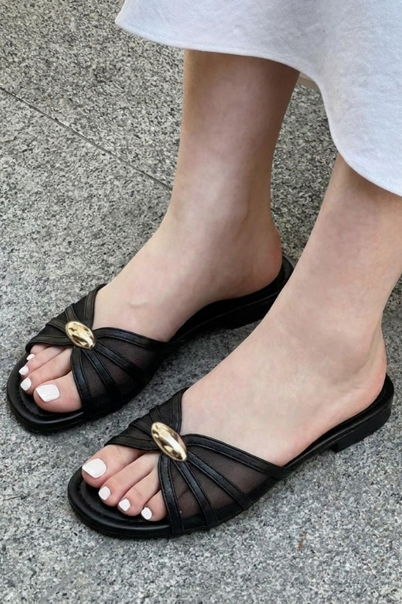GOLD BUCKLE BLACK SHEER SLIPPERS