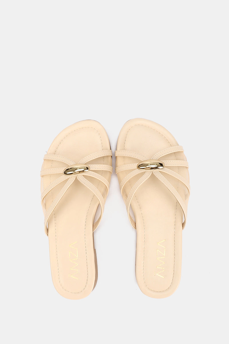GOLD BUCKLE BEIGE SHEER SLIPPERS