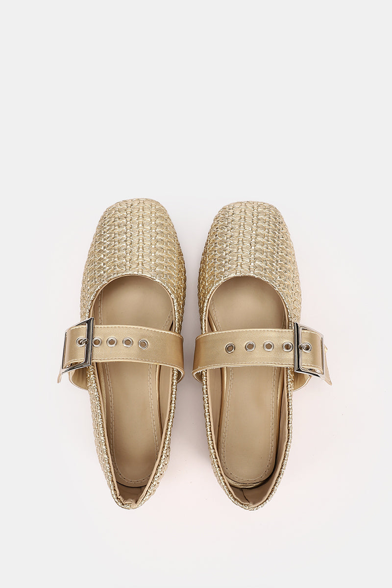 GOLD WIDE BUCKLE WOVEN BALLERINA