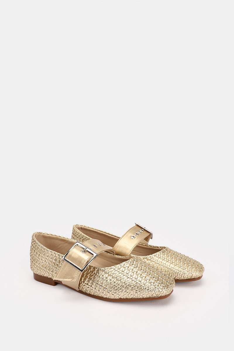 GOLD WIDE BUCKLE WOVEN BALLERINA