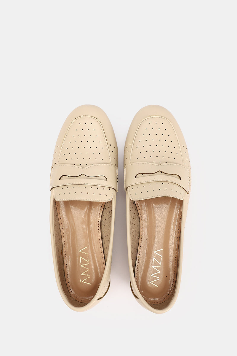 BEIGE LEATHER SLIP ON LOAFERS
