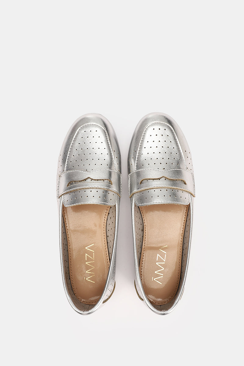 SILVER LEATHER SLIP ON LOAFERS
