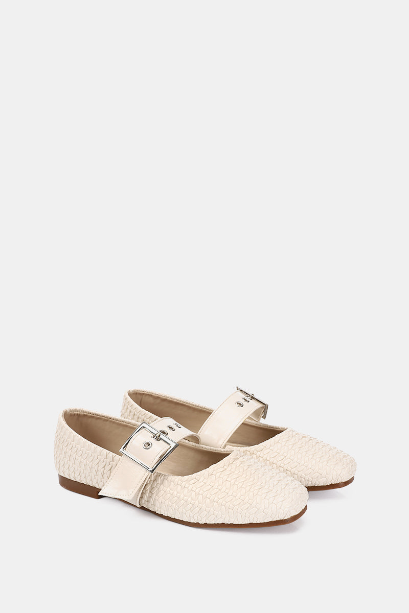 BEIGE WIDE BUCKLE WOVEN BALLERINA