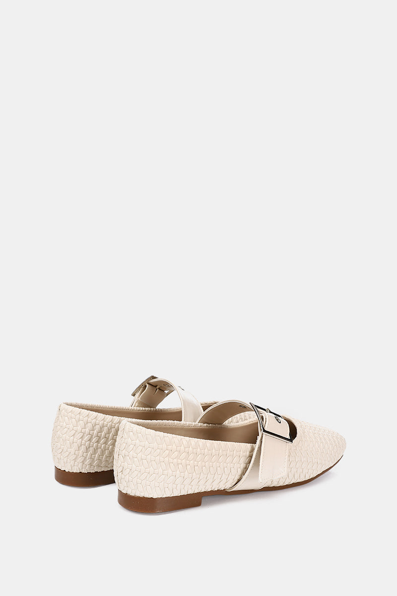 BEIGE WIDE BUCKLE WOVEN BALLERINA