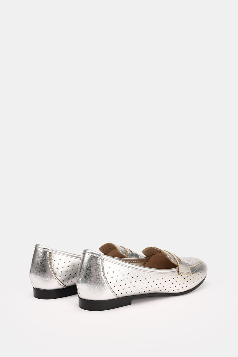 SILVER LEATHER SLIP ON LOAFERS