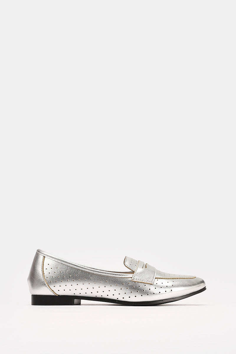 SILVER LEATHER SLIP ON LOAFERS