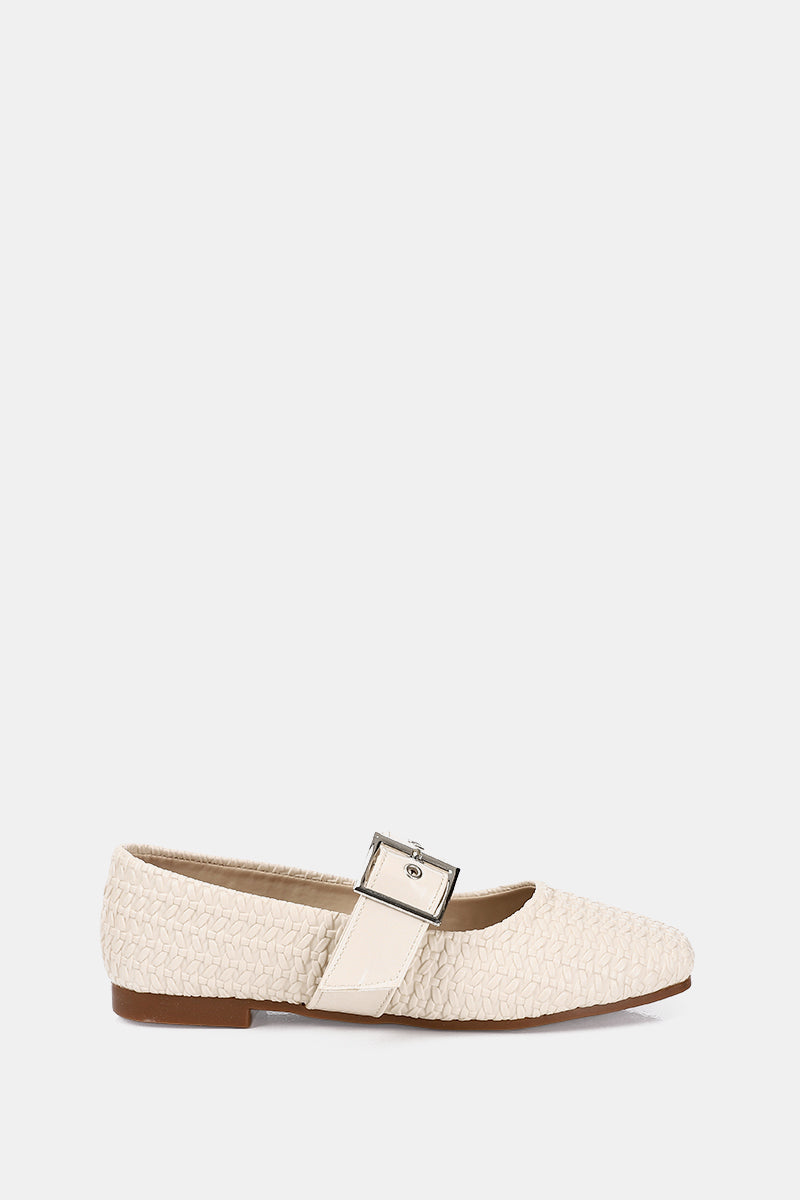 BEIGE WIDE BUCKLE WOVEN BALLERINA