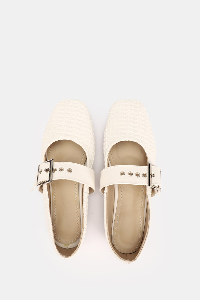 WHITE WIDE BUCKLE WOVEN BALLERINA