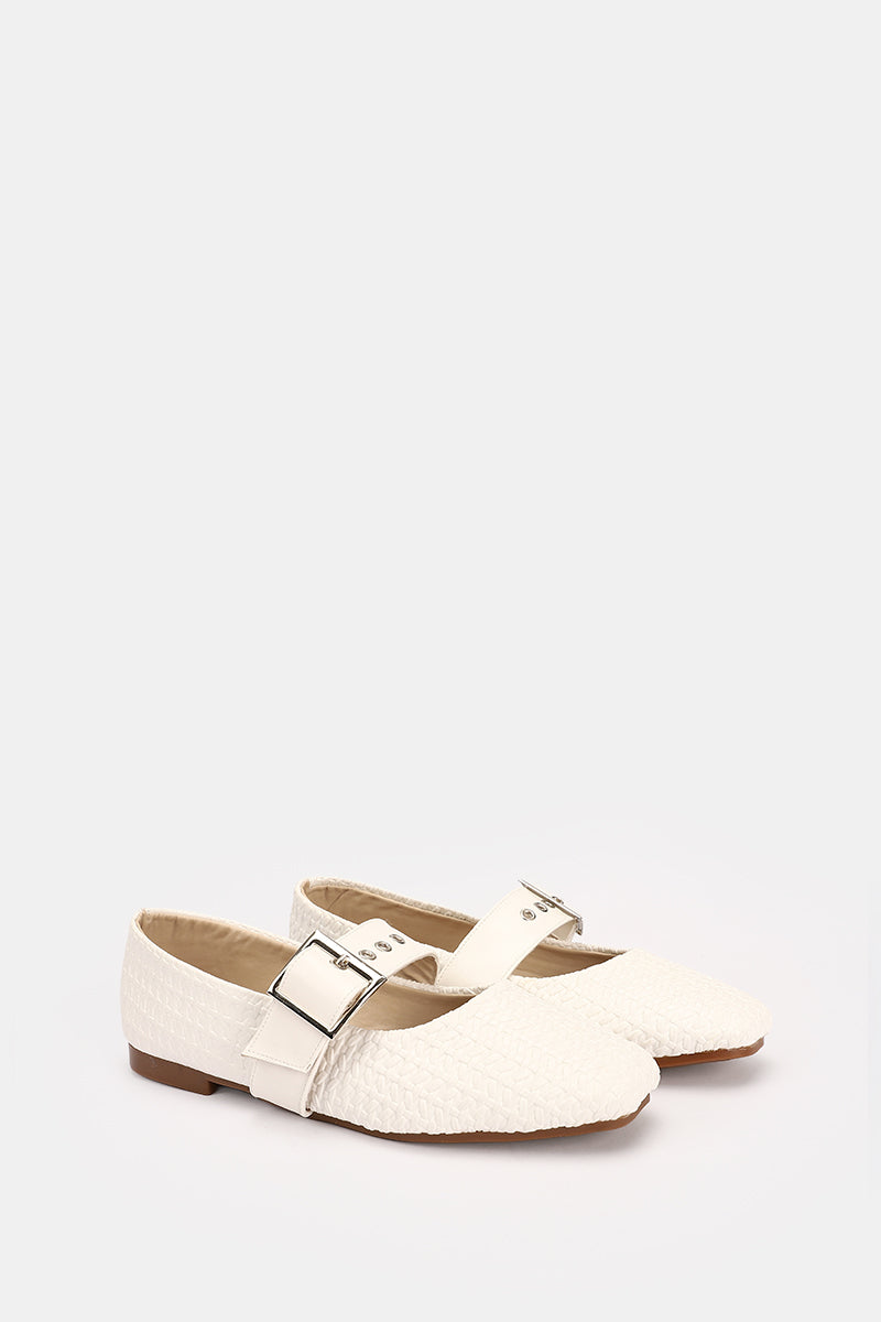 WHITE WIDE BUCKLE WOVEN BALLERINA