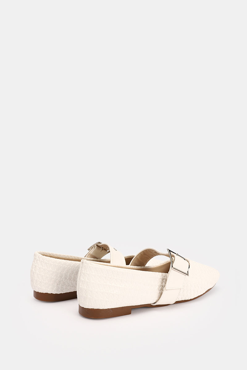 WHITE WIDE BUCKLE WOVEN BALLERINA