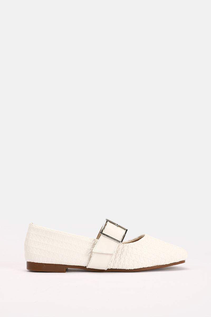 WHITE WIDE BUCKLE WOVEN BALLERINA