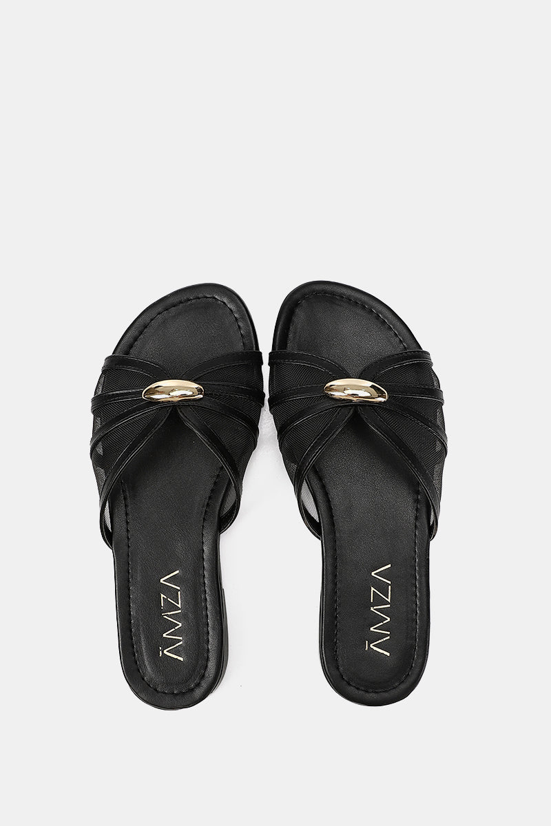 GOLD BUCKLE BLACK SHEER SLIPPERS