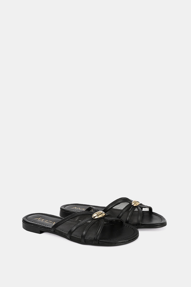 GOLD BUCKLE BLACK SHEER SLIPPERS