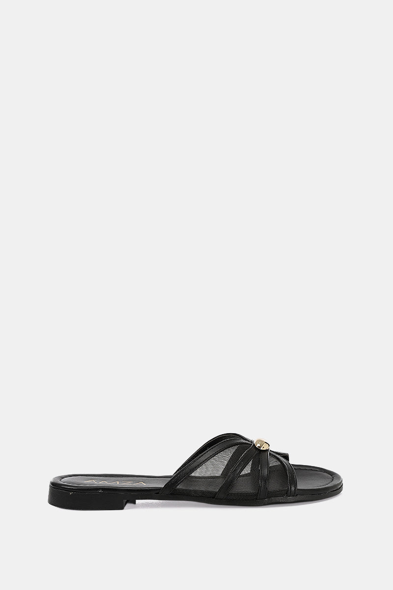 GOLD BUCKLE BLACK SHEER SLIPPERS