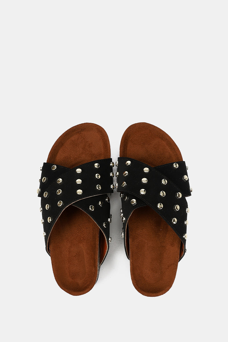 JEWELED CROSSED BLACK SANDAL