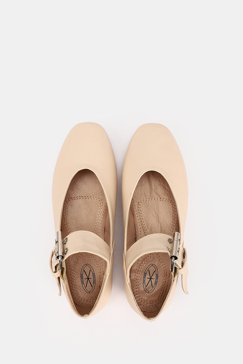 BEIGE BUCKLE LEATHER FLAT