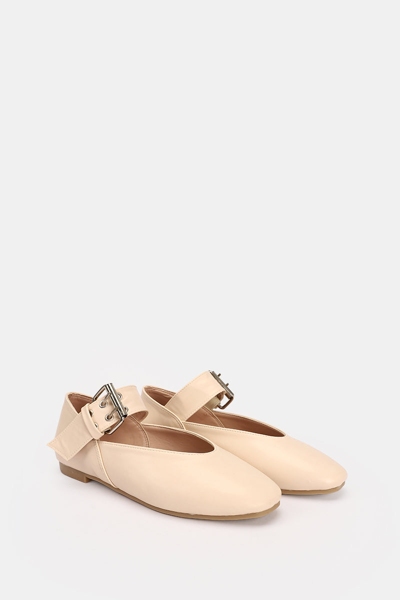 BEIGE BUCKLE LEATHER FLAT