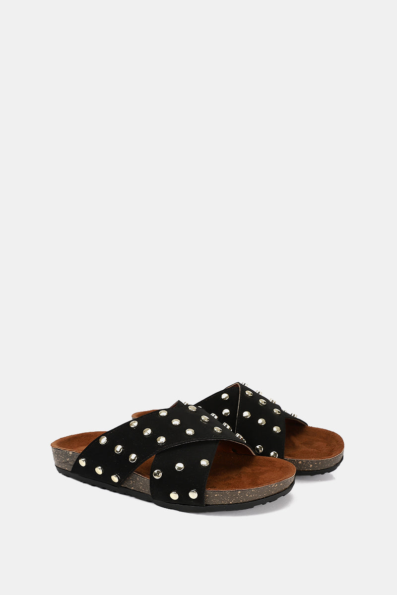 JEWELED CROSSED BLACK SANDAL