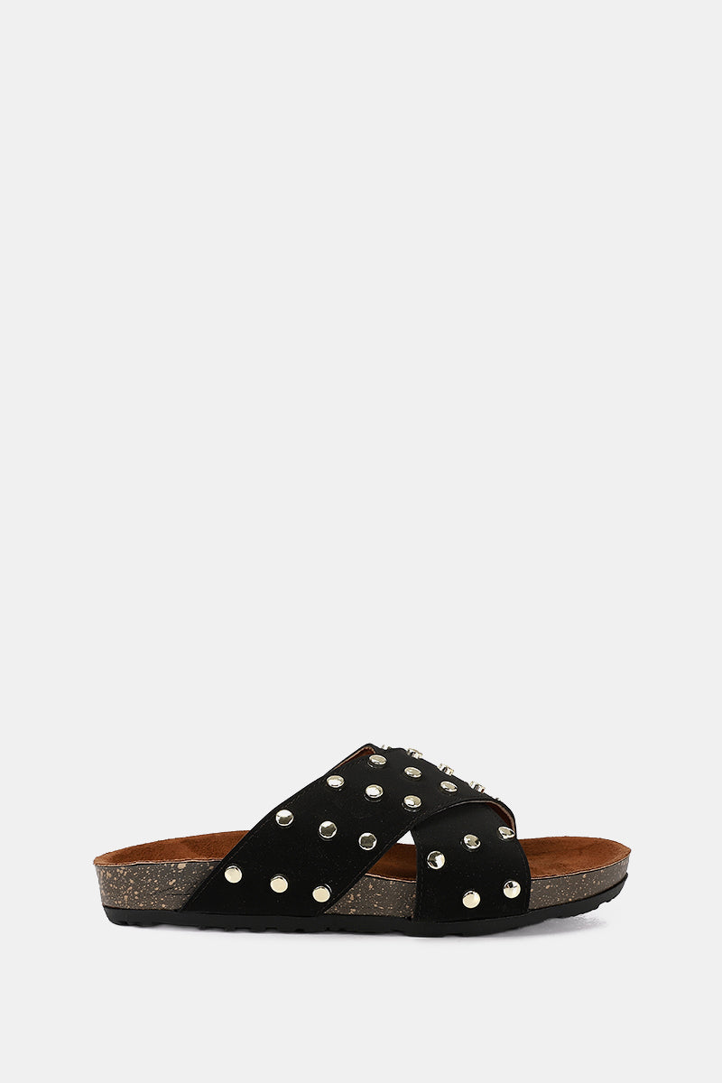 JEWELED CROSSED BLACK SANDAL