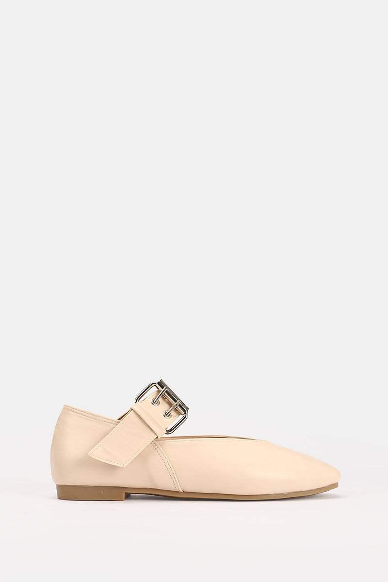 BEIGE BUCKLE LEATHER FLAT