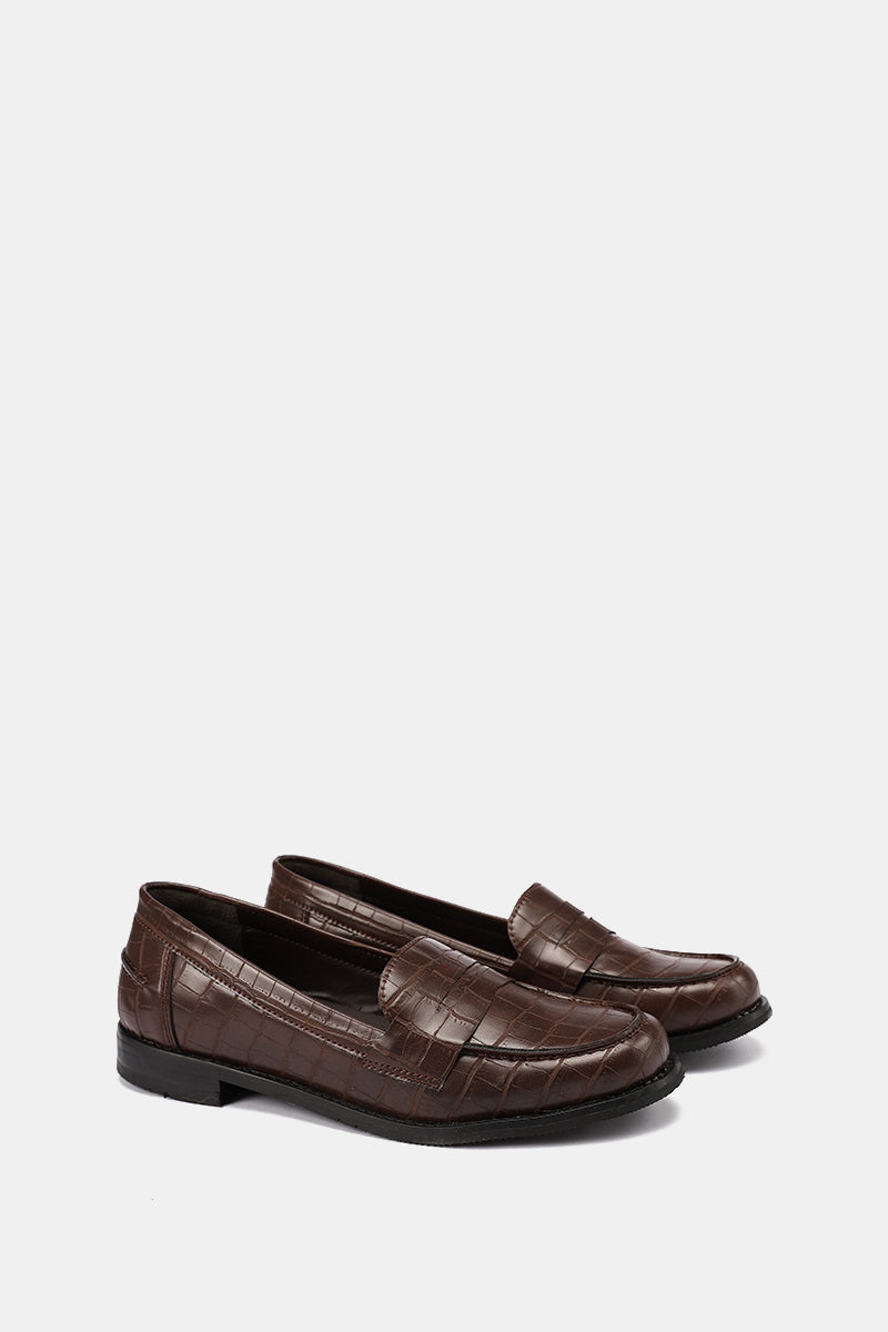 BROWN EXOTIC-EMBOSSED VEGAN LEATHER PENNY LOAFERS
