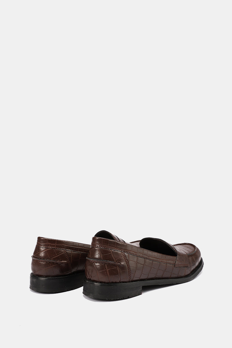BROWN EXOTIC-EMBOSSED VEGAN LEATHER PENNY LOAFERS