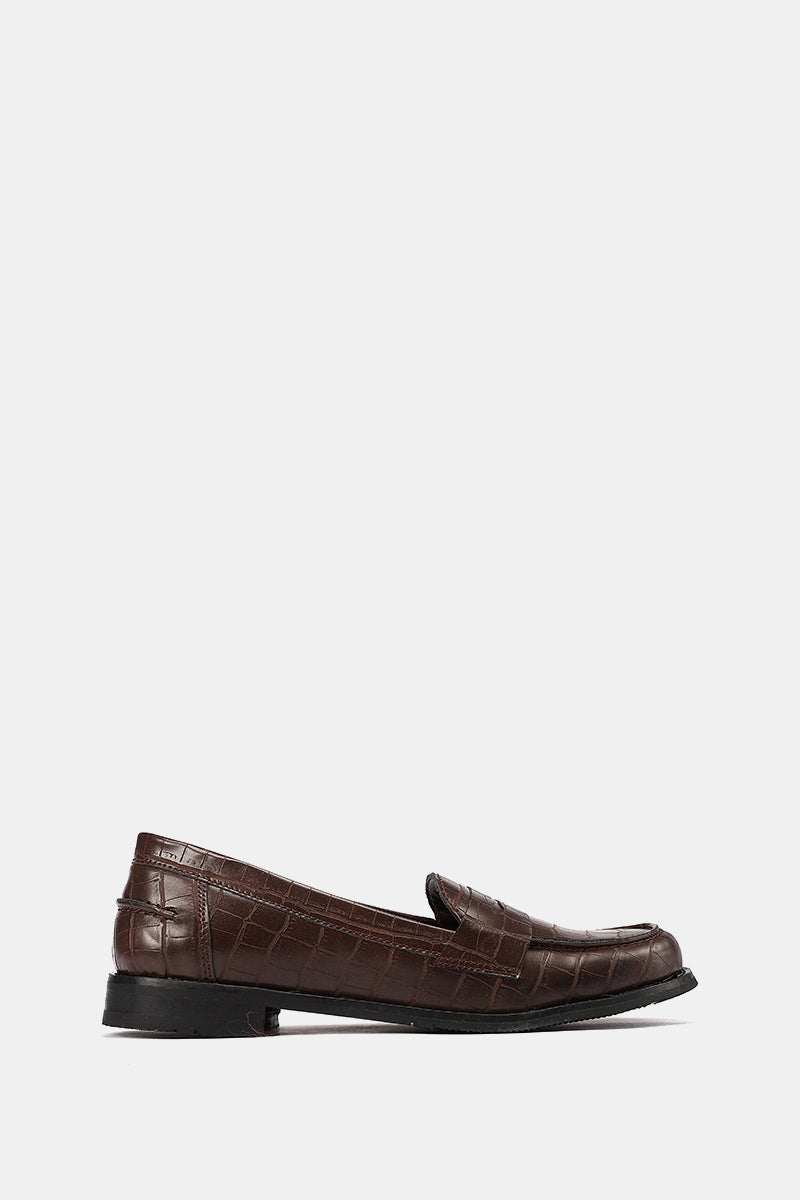 BROWN EXOTIC-EMBOSSED VEGAN LEATHER PENNY LOAFERS