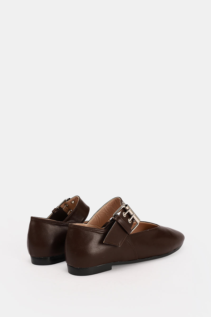 BROWN BUCKLE LEATHER FLAT