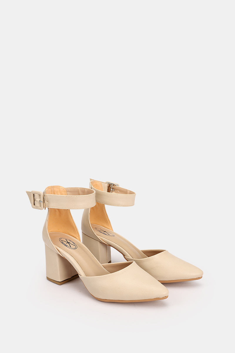 BEIGE BUCKLED CHUNKY HEELS