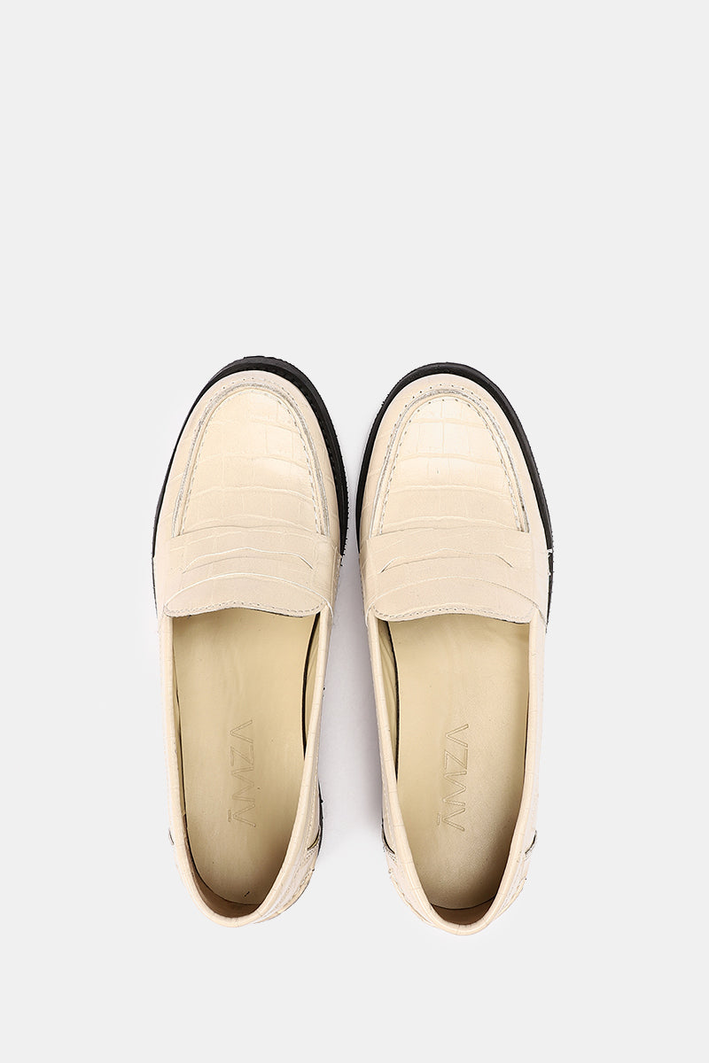 BEIGE EXOTIC-EMBOSSED VEGAN LEATHER PENNY LOAFERS