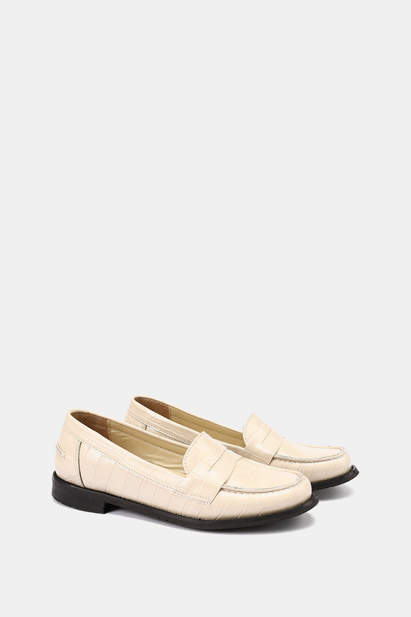 BEIGE EXOTIC-EMBOSSED VEGAN LEATHER PENNY LOAFERS