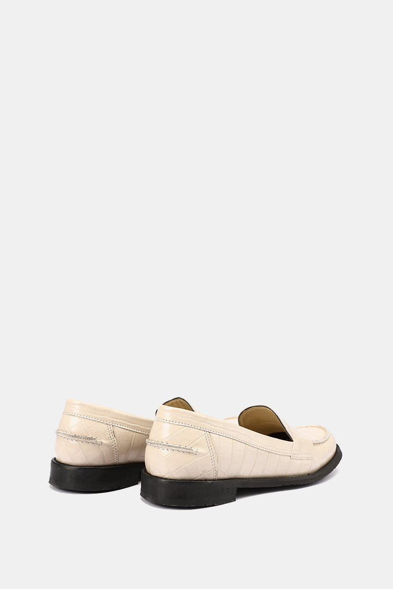 BEIGE EXOTIC-EMBOSSED VEGAN LEATHER PENNY LOAFERS