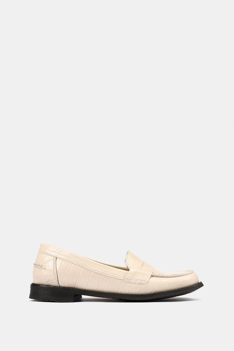 BEIGE EXOTIC-EMBOSSED VEGAN LEATHER PENNY LOAFERS