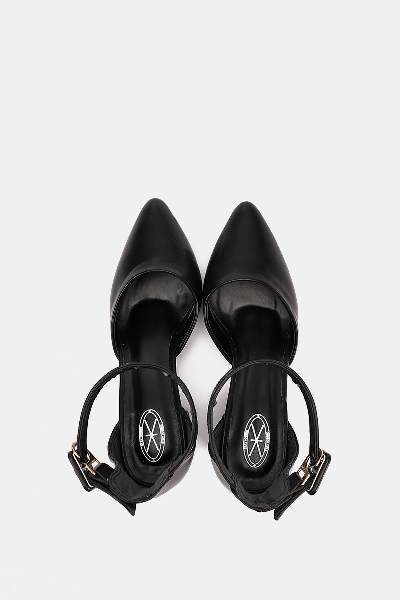 BLACK BUCKLED CHUNKY HEELS