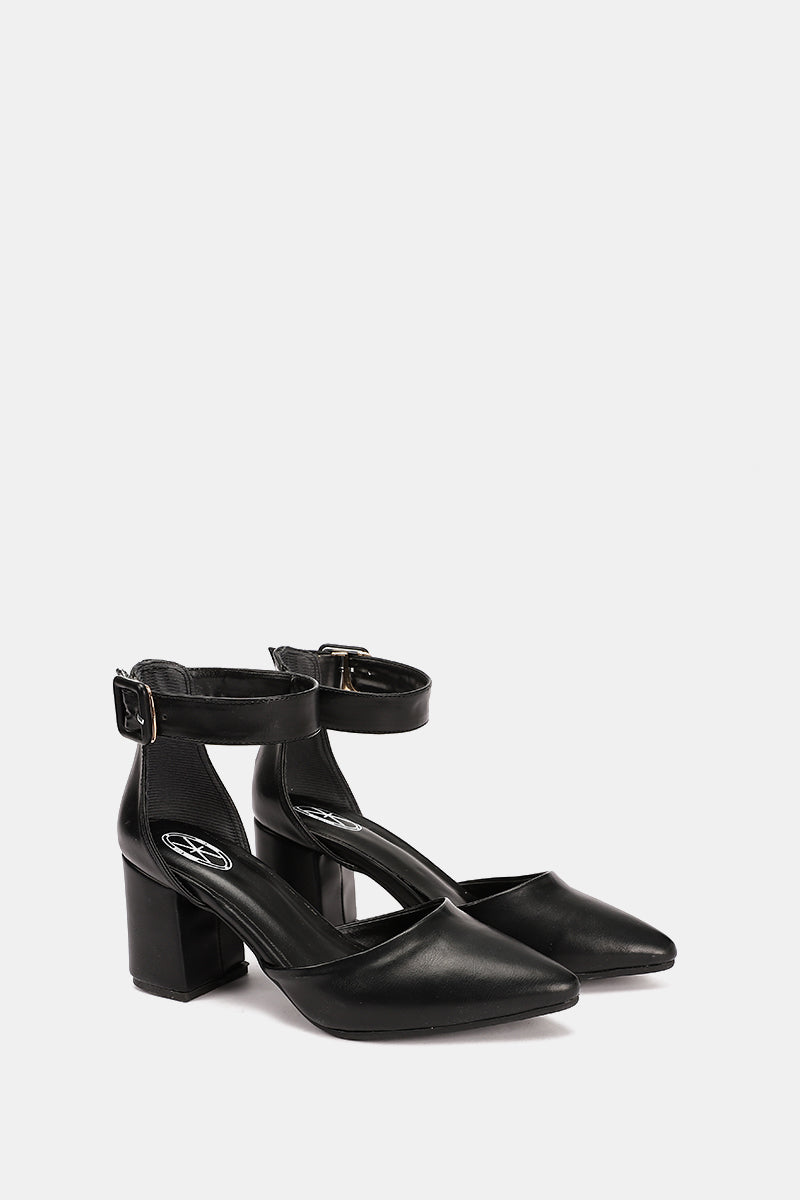 BLACK BUCKLED CHUNKY HEELS