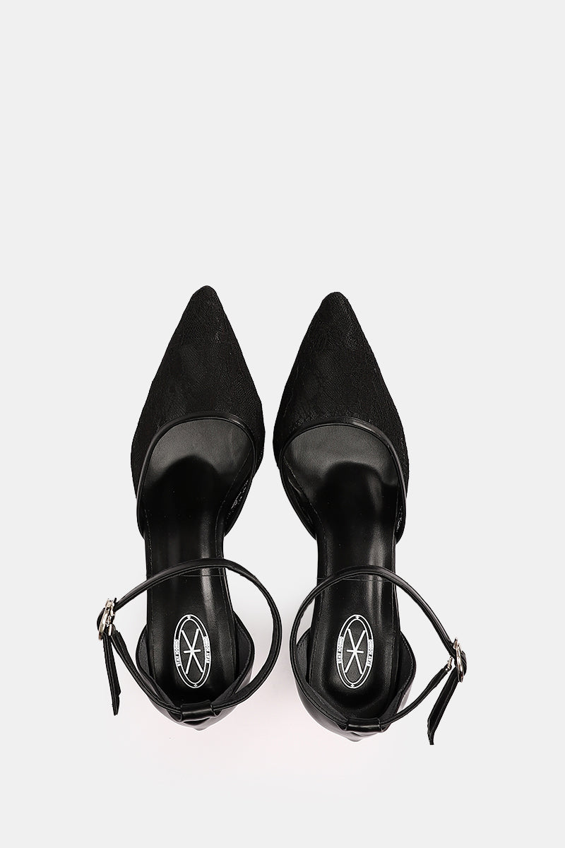 BLACK FLORAL STRAP HEELS