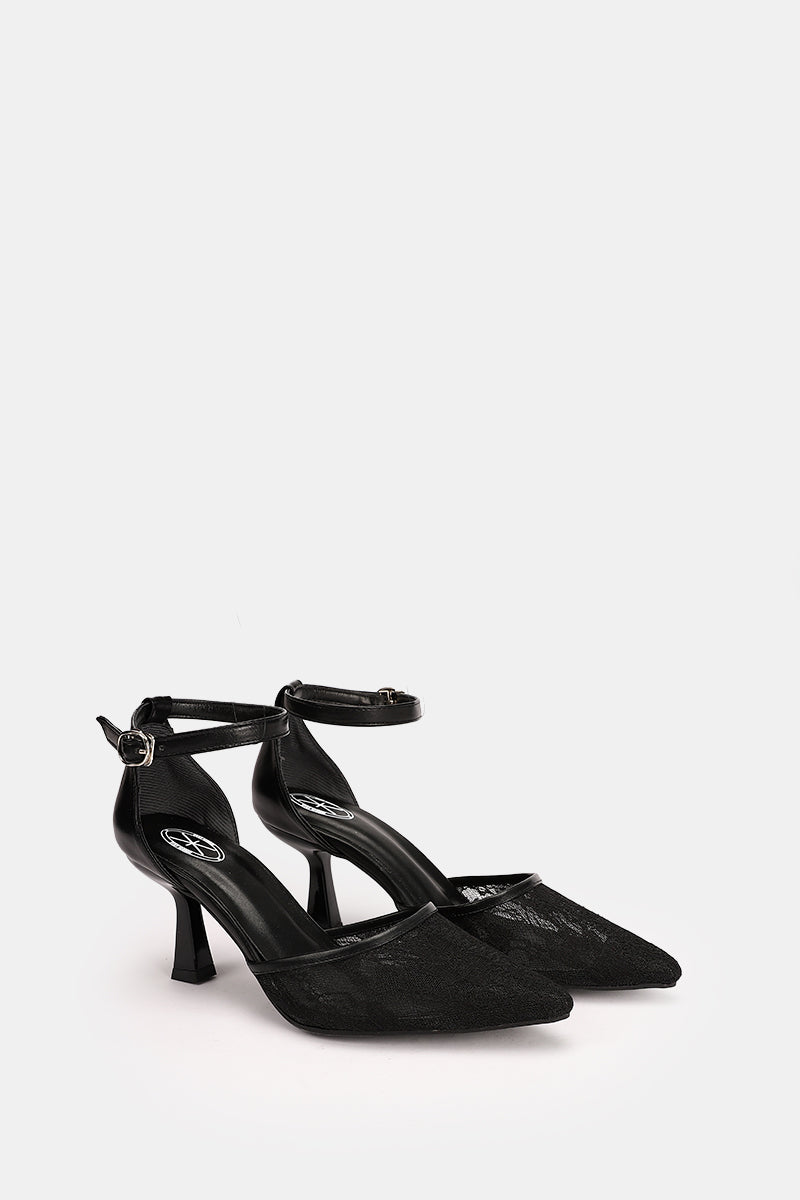 BLACK FLORAL STRAP HEELS