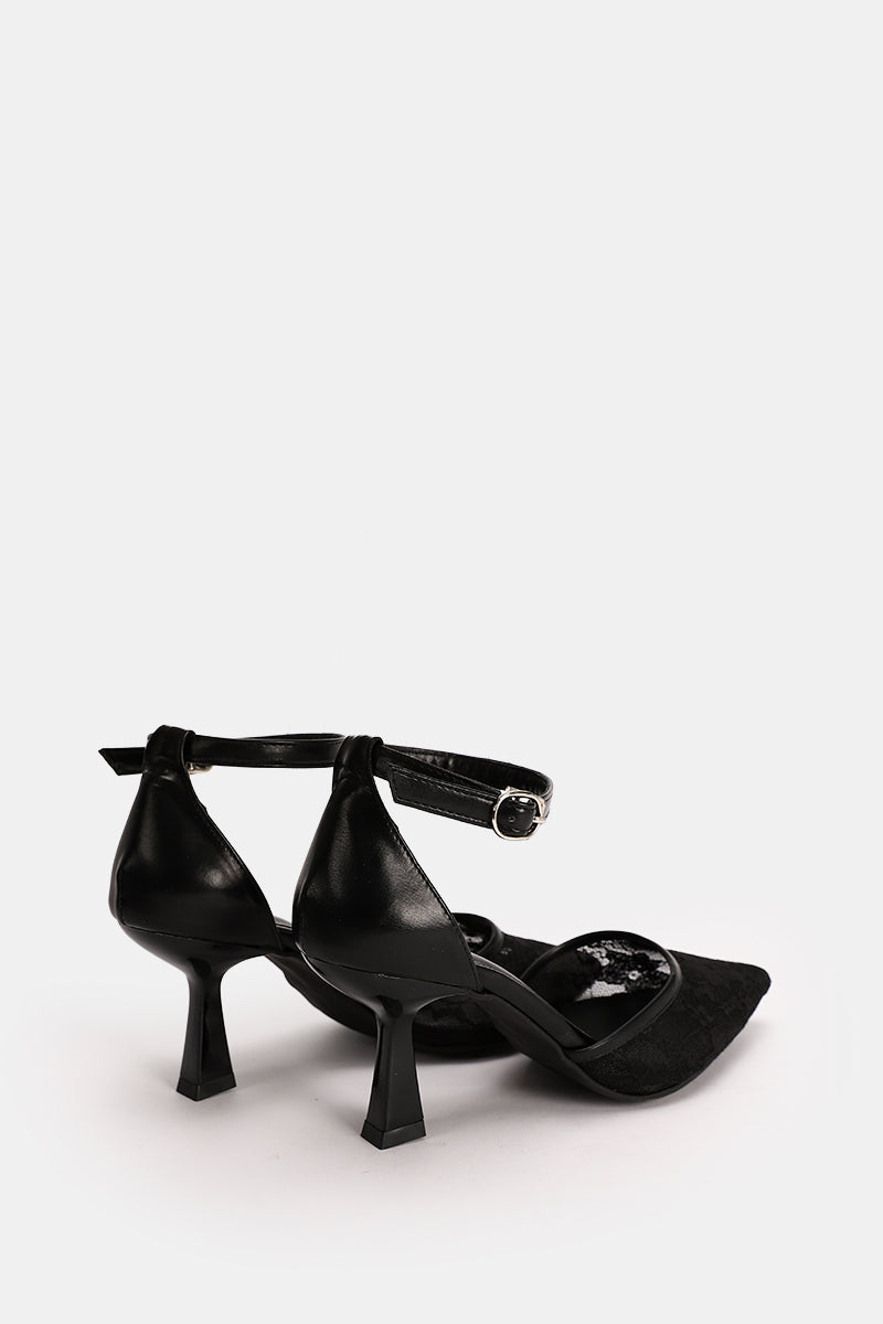 BLACK FLORAL STRAP HEELS