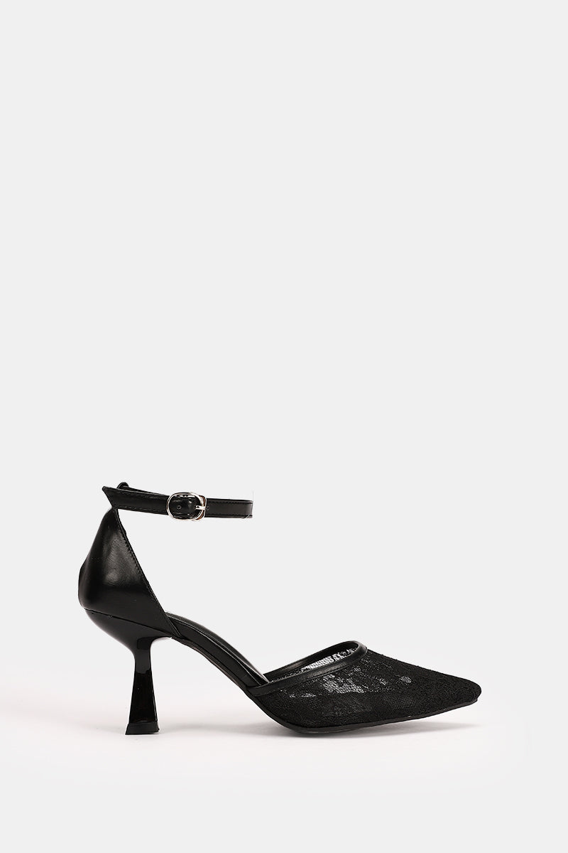 BLACK FLORAL STRAP HEELS