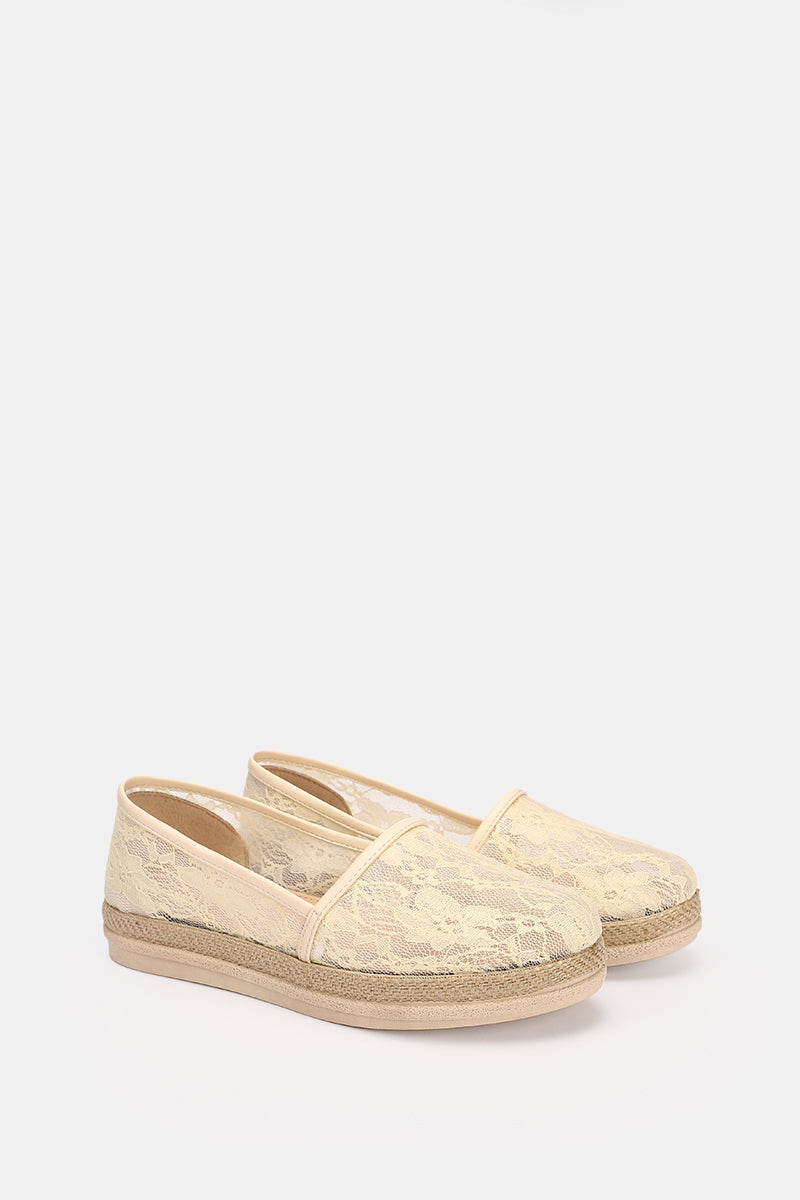BEIGE FLORAL MESH LOAFERS