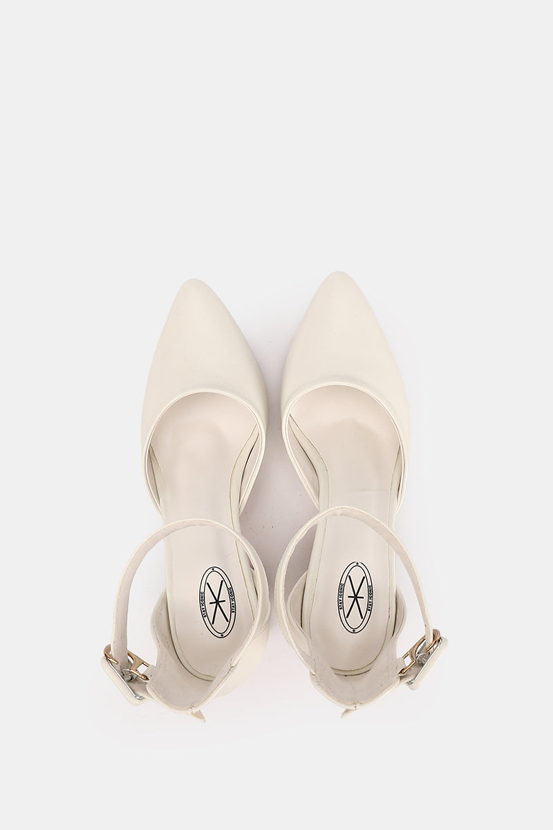 WHITE BUCKLED CHUNKY HEELS