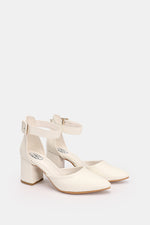WHITE BUCKLED CHUNKY HEELS