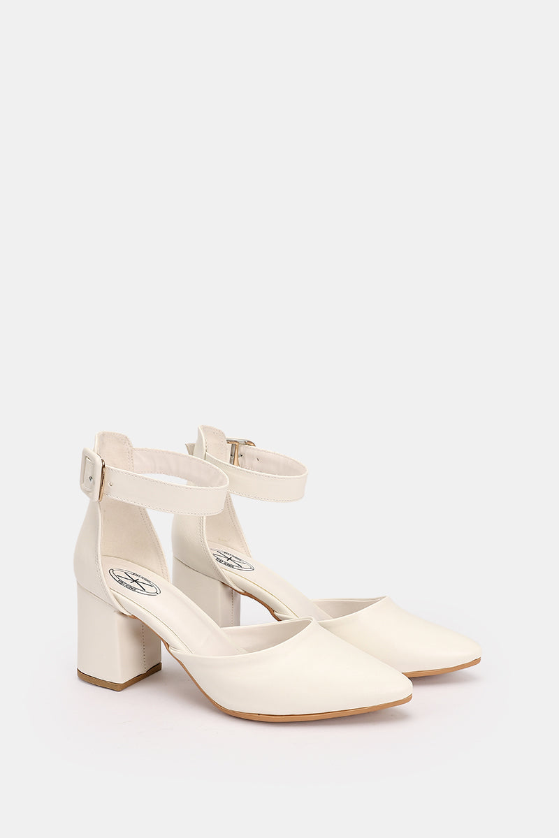 WHITE BUCKLED CHUNKY HEELS